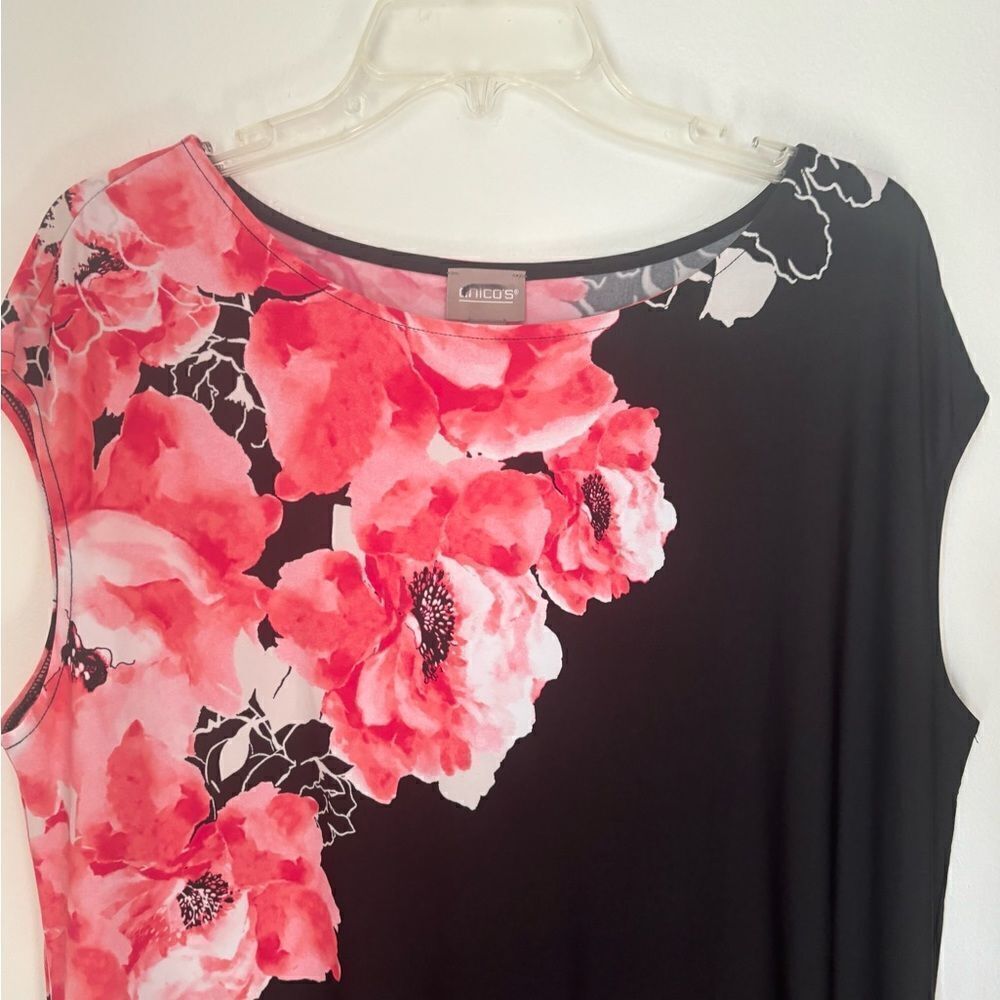 Chico's Black Pink Floral Short Sleeve Shift Dress Chico's Size 3 - Picture 10 of 12